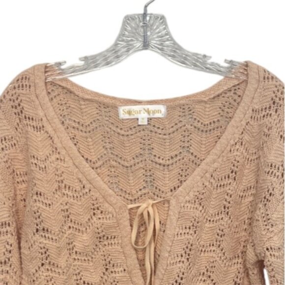 Sugar Moon Open Knit Crochet Cardigan Sweater Womens Medium Peach New Tie Front - Picture 4 of 10